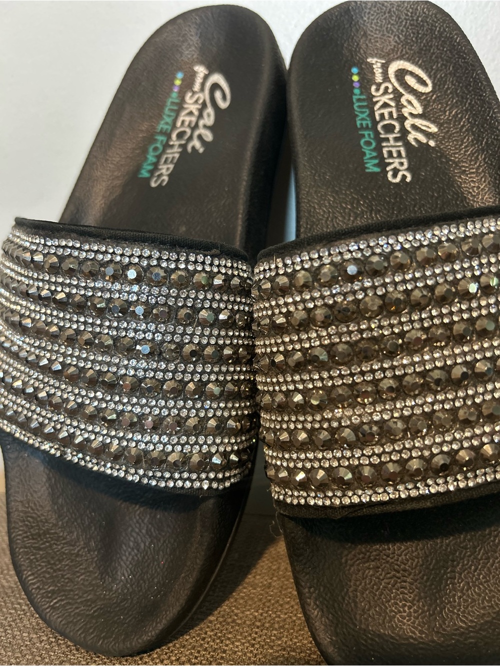 Skechers Sparkle Slide Sandals in Black with Crystal Straps - Picture 2 of 8